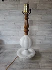 Vtg Boudoir Table Lamp Hobnail Milk Glass & Wood 15” Shabby Cottage Swirl Globe