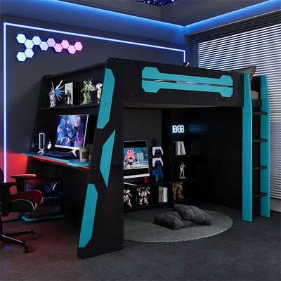 Full Size Wood Loft Bed with Desk, Multi-storage Shelves & RGB Light, Cloud Blue