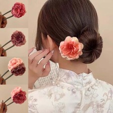Pink Rose Blossom U-shaped Hairpin for Women's Simple Elegant Plate Hair Clip .