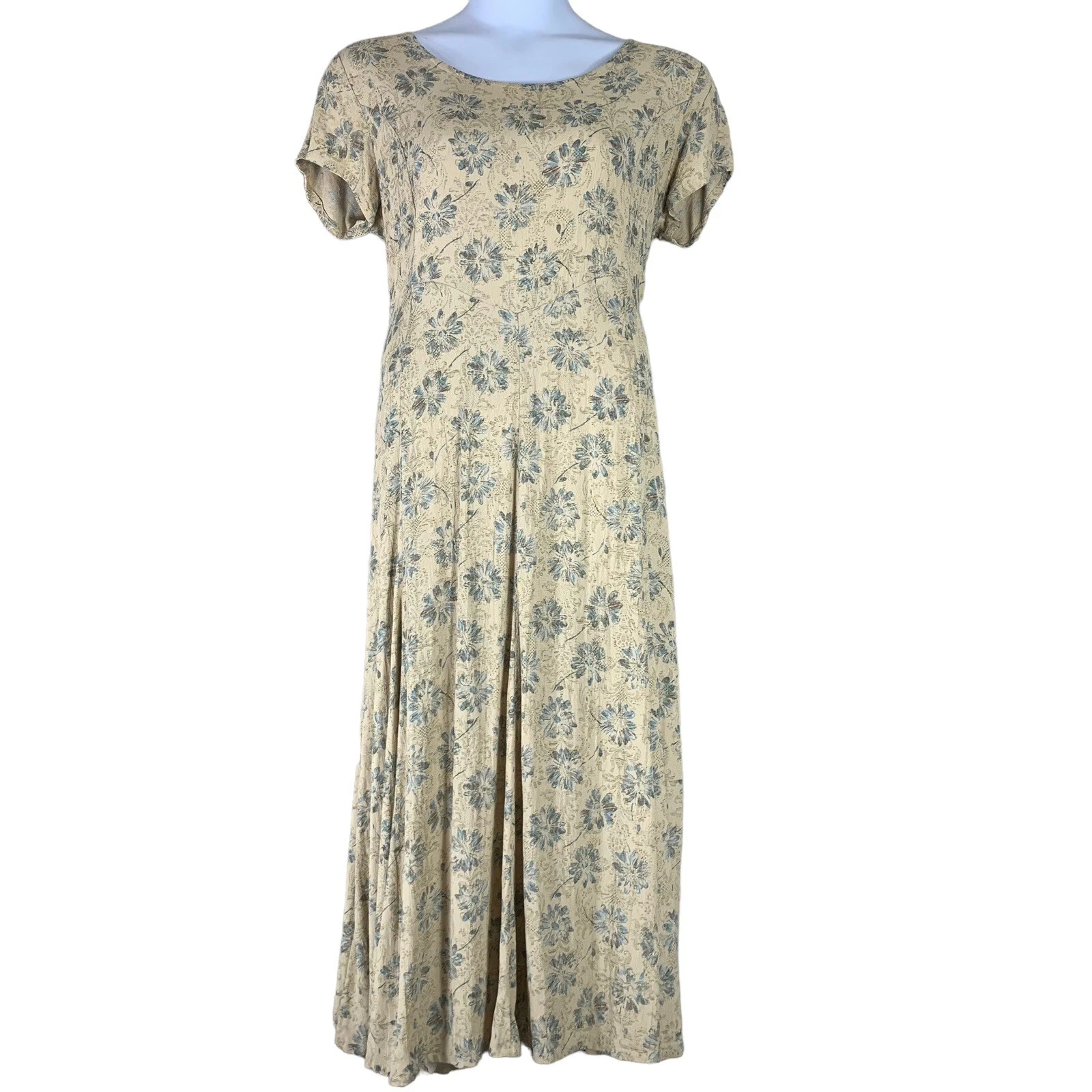 Vintage Size M/L Dress Salaam Short Sleeve Maxi Tie Back Blue Beige Floral FLAW