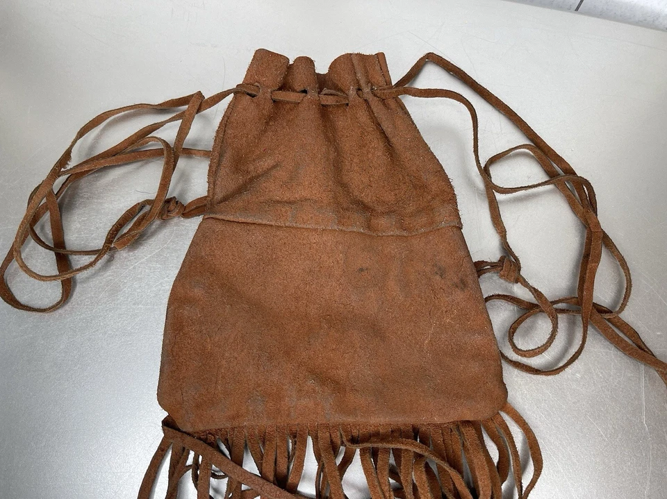 Vintage Native Genuine Leather Beaded Crossbody Drawstring Bag w/Fringe BOHO - Image 3 of 4
