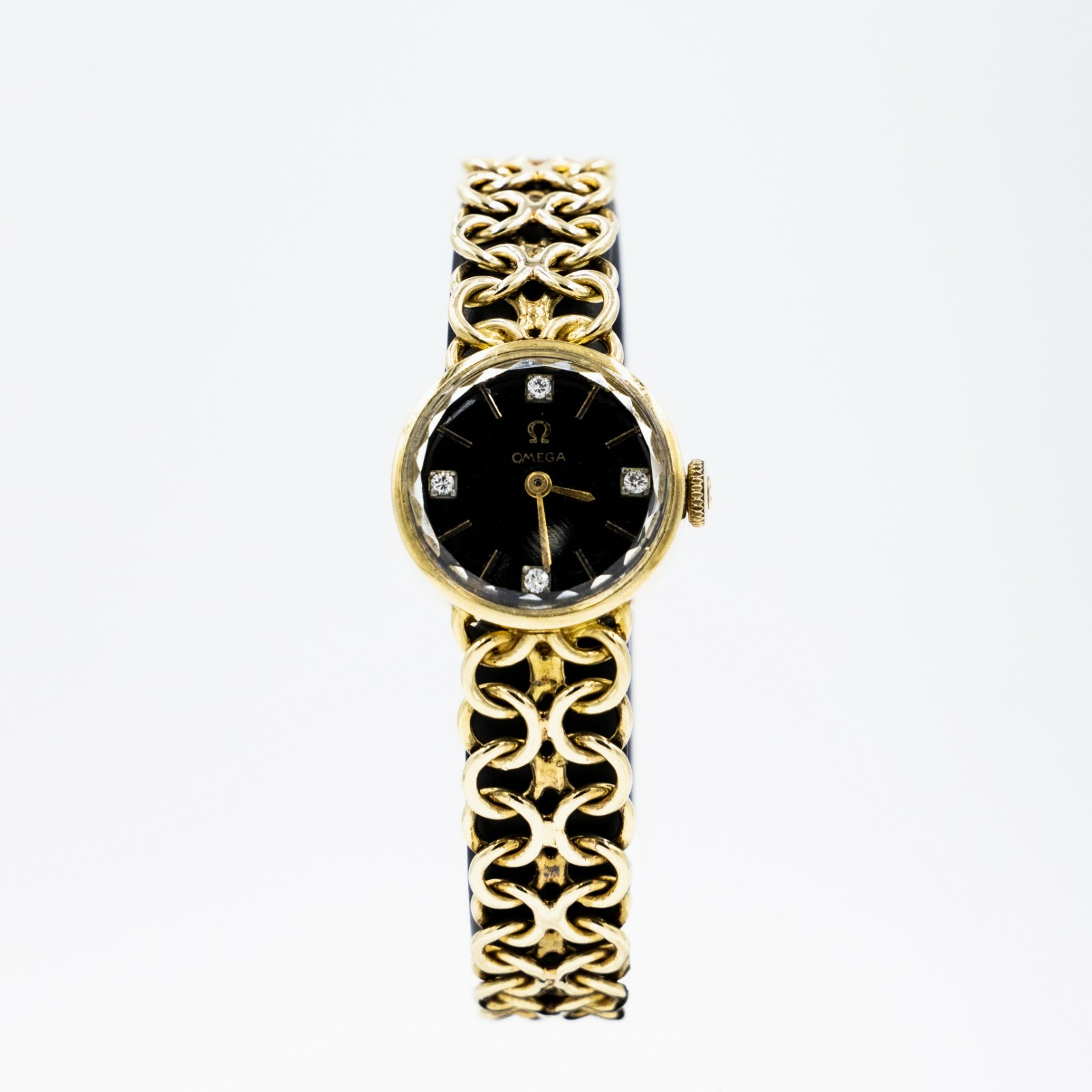 Vintage 14k Yellow Gold OMEGA Ladies Watch 20mm Black Diamond Dial