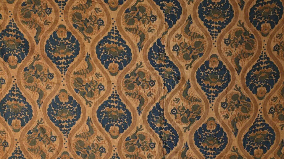 Raro histórico budista algodón textil dragones y diseño de perla divina!  UU53 Foto 2 de 4