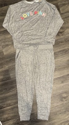 Victoria Secret PINK COZY SLEEP CREW SHIRT W/ MATCHING GRAY JOGGERS SIZE LARGE