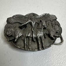 Vintage Belt Western Buckle Buffalo Indian Eagle Pewter Siskiyou 1986 USA made
