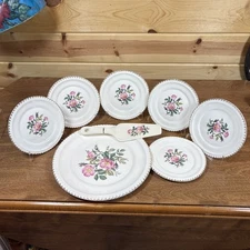 Vtg~The Harker Pottery Co 22k Gold Pink Rose Dogwood China 8 Pc Cake Serving Set