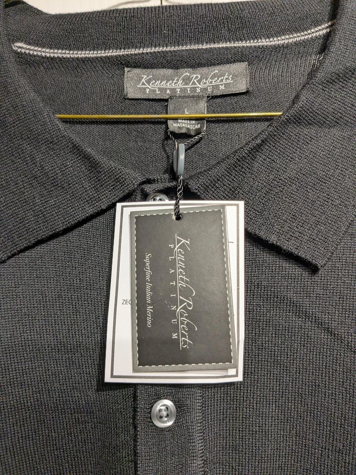 全新 Kenneth Roberts 白金毛衣 男式 L 黑色美利奴羊毛 Polo 针织 KROF25SY — 第 4/4 张图片