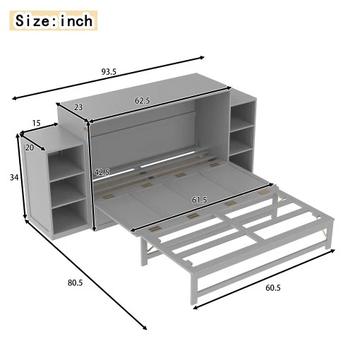 Cama Murphy tamaño Queen completa, cama gabinete Murphy con cajón de almacenamiento y estanterías Foto 4 de 4