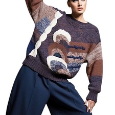 Vintage 80s 90s acrylic Angora abstract geometric brown blue white sweater L