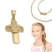 Echt Gold 585 Kinder Engel Kreuz AnhäNger Taufe Kommunion Mit Silber Kette Verg.