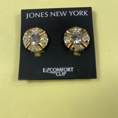 JONES NEW YORK Vintage Circle Rhinestone Crystal Comfort Clip On Earrings 