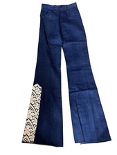 VTG 70s NOS XS/S Denim Blue Jeans Lace Flare Bell Bottom Western Womens Unhemmed