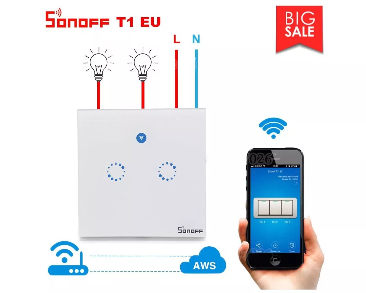 Sonoff T1 2CH WiFi Wall Touch Switch + Self Learning Remote