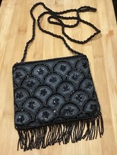 Vintage La Regale Beaded Black Evening Bag with Beaded Rope Strap and Fringes