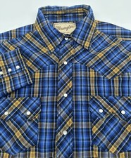 Wrangler Western Mens Large Long Sleeve Button Shirt Blue Plaid Pearl Snap
