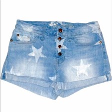 Mossimo sz 4/27 blue denim w white Stars mid-rise button fly 2 1/2  Jean shorts