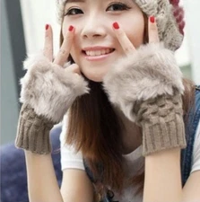 Women's Gloves Mittens Knitted Wool Warm Fur Finger Exposed Cut M-3