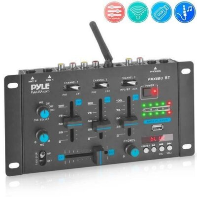Pyle PMX8BU Professional 3-Channel Bluetooth DJ Mixer with Digital LED Display