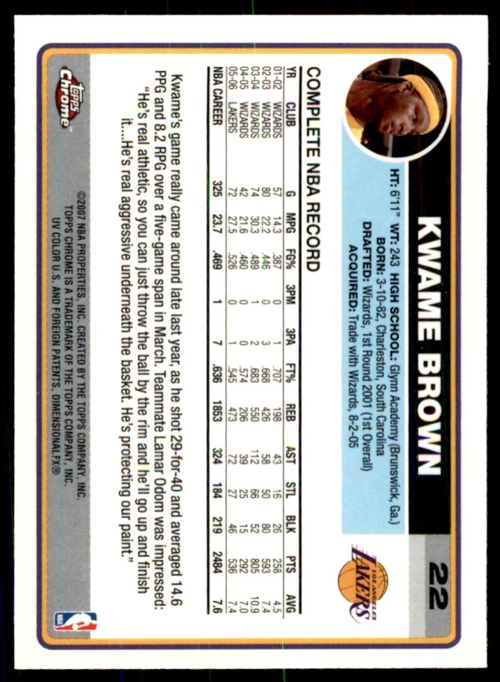 2006-07 Topps Chrome Kwame Brown Basketball Cards #22 - Image 2 of 2