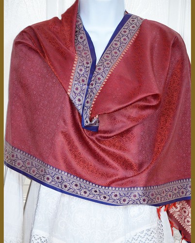 Banaras Silk Red Color Purple Border Paisley Floral Design Shawl, Wrap, Stole - Picture 1 of 9