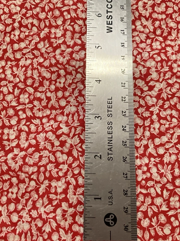 Vintage Cotton Fabric Small Fruit Leaves Tone on Tone on Red 1+ Yard x 44" Width - Image 2 of 3