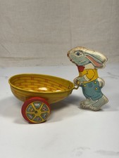 Vintage 1930s J Chein Tin Easter Bunny Pull Cart Basket Toy USA