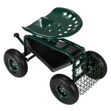 Rolling Garden Seat Cart with Wheel 360 Swivel Metal Gardening Stool with Basket