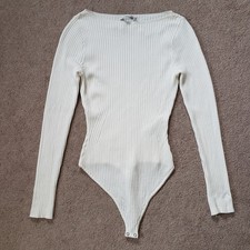 Abercrombie  Fitch Ivory Ribbed Long Sleeve Bodysuit Ivory Wide Boat Neck Med