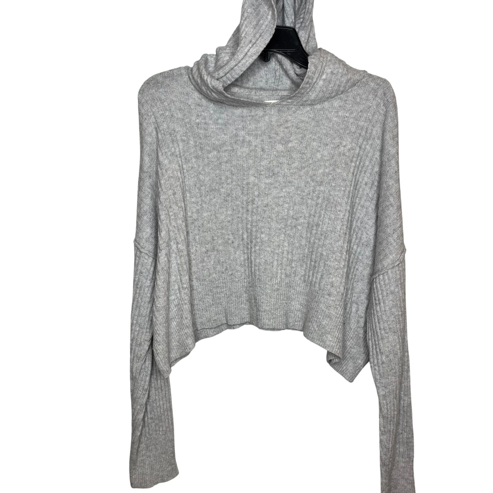 OFFLINE by Aerie ALPACA Blend Large Grey Ribbed Cropped Hoodie Knit Sweater