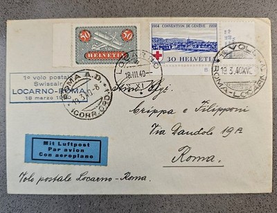 SCHWEIZ 1940 ERSTER POSTFLUG LOCARNO ROM - 18.03.1940 REISEUMSCHLAG