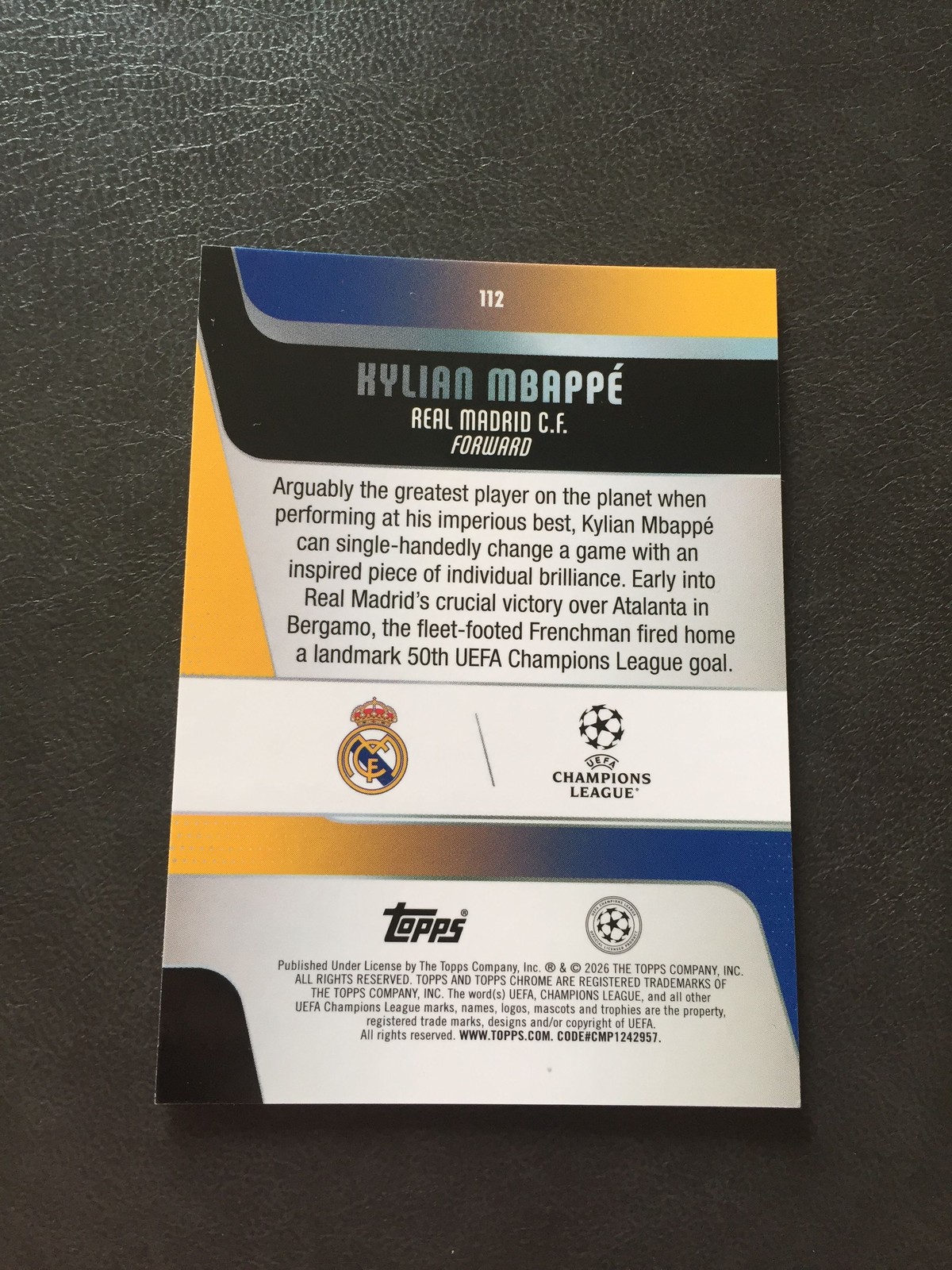 2025-26 Topps Chrome UCC Kylian Mbappe Real Madrid PSG France Orange Lava 22/25 view 2