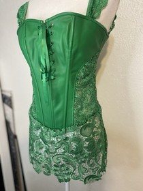 Green Lace Corset Medium Faux Leather with Ties Back Zipper Gothic Steampunk