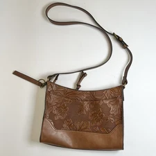 Frye and Co Brown Embossed Faux Leather Crossbody Bag Brass hardware Keychain