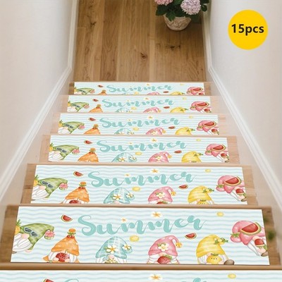 [Rubber Non-Slip Bottom] 15pcs Cartoon Elf Pattern Striped Printed Stair Mats,