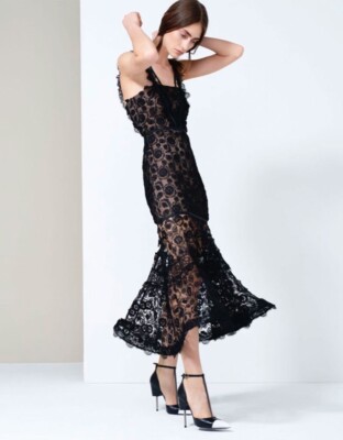 Alexis Lorelle Black Lace Sheer Long 3D Flowers Dress Size XS