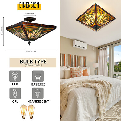 Tiffany Style Chandelier Ceiling Lamp Stained Glass Mission 2-Light Fixture US