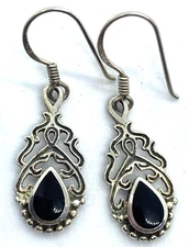 BOMA Sterling Silver / 925 Intricate Teardrop Onyx Dangle / Drop Earrings
