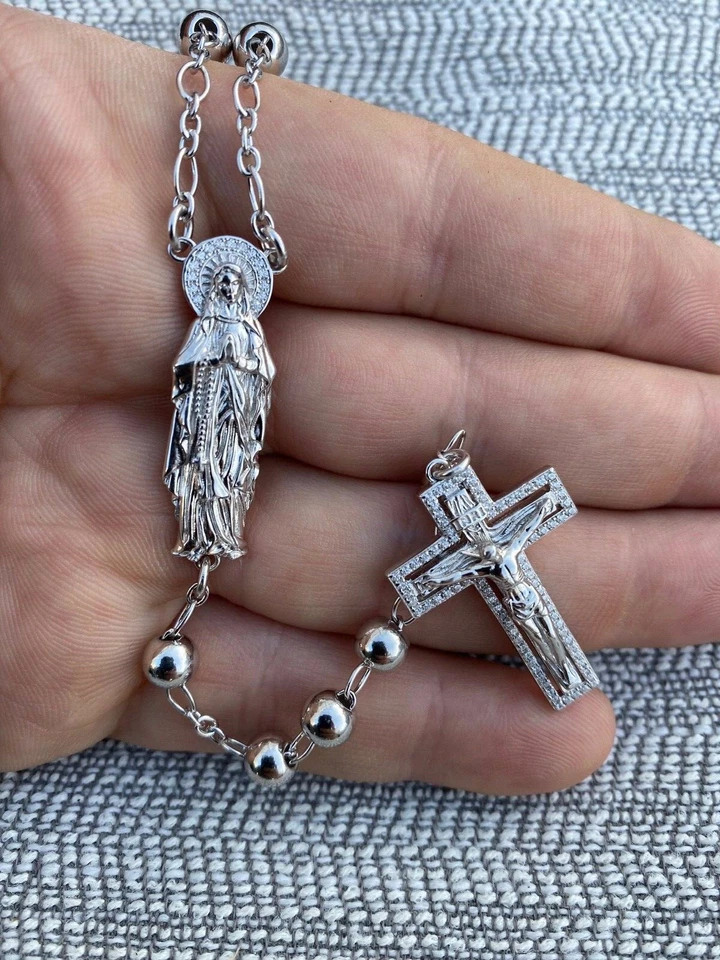 Collar Rosario Cuentas Real Plata de Ley 925 Rosario Jesús Virgen Pieza Circonita cúbica Foto 4 de 4