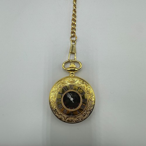 Pocket Watch Men Gold Tone Roman Numerals Black Dial Chain New Battery 45MM - Picture 2 of 9