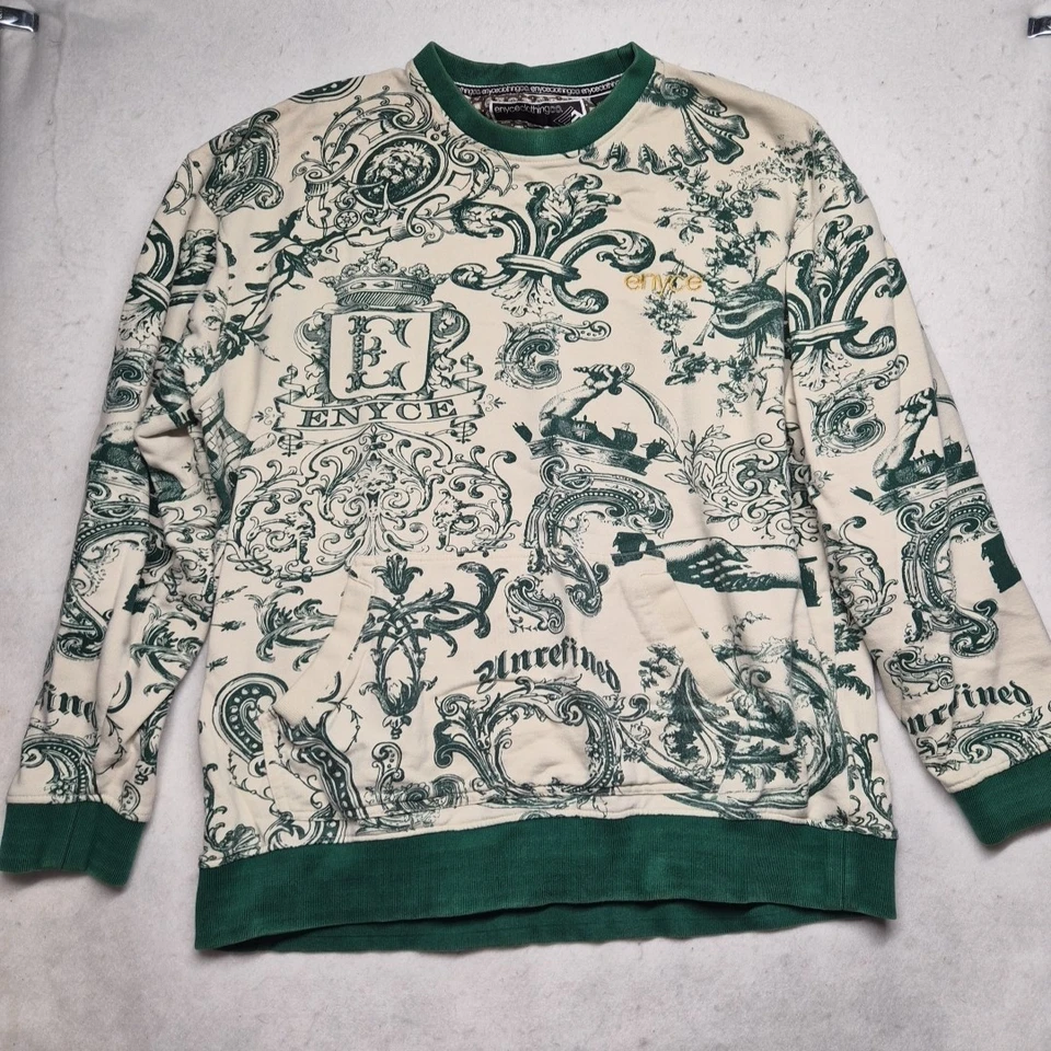 De Colección Y2K Enyce Verde Beige Pirata Francés Gráfico Suéter Crew Sudadera Talla 3XL Foto 2 de 4