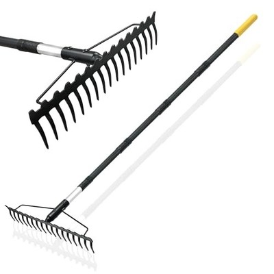 Bow Rake, 68-Inch Adjustable Handle Garden Rake with 17 Steel Tines, Heavy 