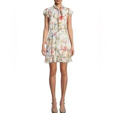 Alice + Olivia Leslie Tie-Neck Floral Print Silk Ruffle Dress Whimsy Womens 8?