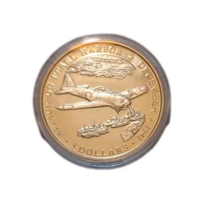2000 Republic of Liberia 5 Dollars - Attack on Pearl Harbor Clad Composition New