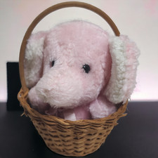 Russ Berrie Vintage Pink Elephant Plush Stuffed Animal in Small Wicker Basket