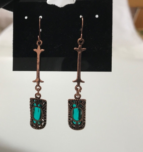 Art Deco Dangle Earrings Brass Filigrees Antique Green Glass Stones