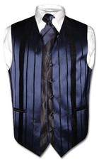 Men's Dress Vest NeckTie NAVY BLUE Color Woven Striped Design Neck Tie Set