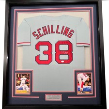 FRAMED Autographed/Signed CURT SCHILLING 33x42 Boston Grey Jersey JSA COA Auto
