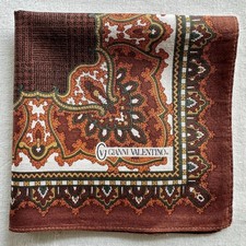 Vintage Men Handkerchief Brown Cotton Glen Plaid Border Damask Pocket Square 18"