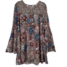 Umgee Mini Dress Size Small Floral Boho Western Crochet Bell Sleeve Hippie