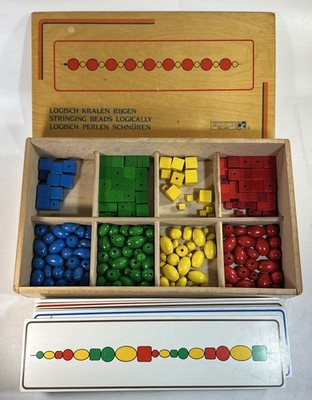Vintage Educo Wooden Bead Set W/ Design Cards & Wooden Box Holland